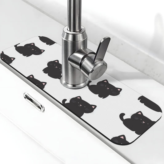 Cute Black Cat Printed Faucet Absorbent Mat, Cuttable Anti - Slip & Waterproof Sink Mat (Size 15in×5.5in, Hole Diameter 2.5in )