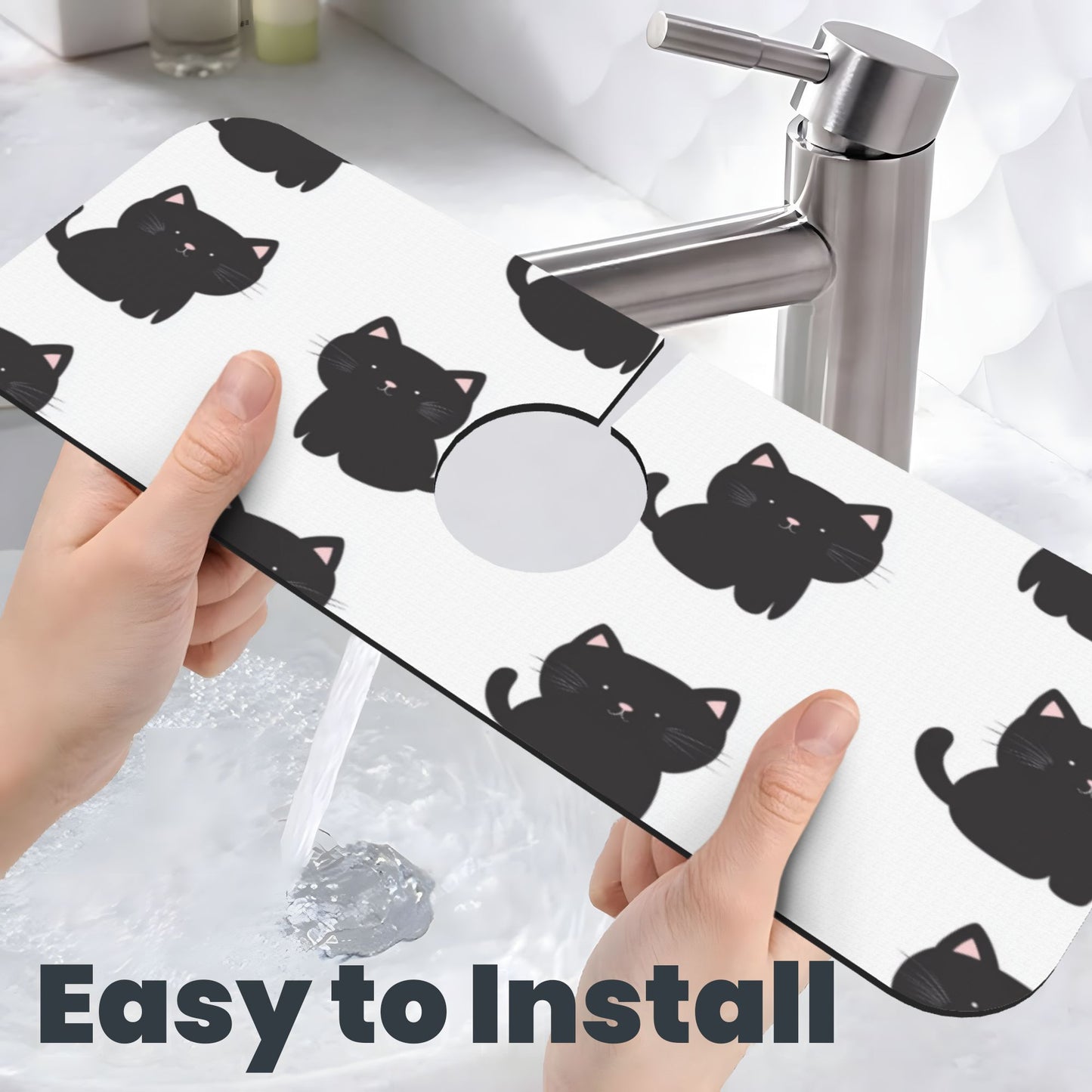 Cute Black Cat Printed Faucet Absorbent Mat, Cuttable Anti - Slip & Waterproof Sink Mat (Size 15in×5.5in, Hole Diameter 2.5in )