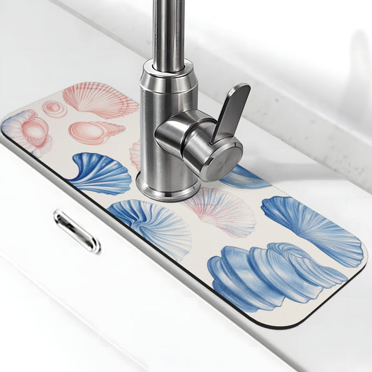 Ocean Shell Printed Faucet Absorbent Mat, Cuttable Anti - Slip & Waterproof Sink Mat (Size 15in×5.5in, Hole Diameter 2.5in )
