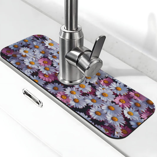 Daisy Printed Faucet Absorbent Mat, Cuttable Anti - Slip & Waterproof Sink Mat (Size 15in×5.5in, Hole Diameter 2.5in )