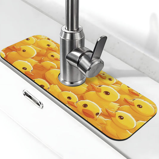 Little Yellow Duck Printed Faucet Absorbent Mat, Cuttable Anti - Slip & Waterproof Sink Mat (Size 15in×5.5in, Hole Diameter 2.5in )