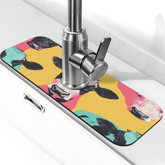 Colorful Cow Printed Faucet Absorbent Mat, Cuttable Anti - Slip & Waterproof Sink Mat (Size 15in×5.5in, Hole Diameter 2.5in )