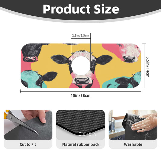 Colorful Cow Printed Faucet Absorbent Mat, Cuttable Anti - Slip & Waterproof Sink Mat (Size 15in×5.5in, Hole Diameter 2.5in )
