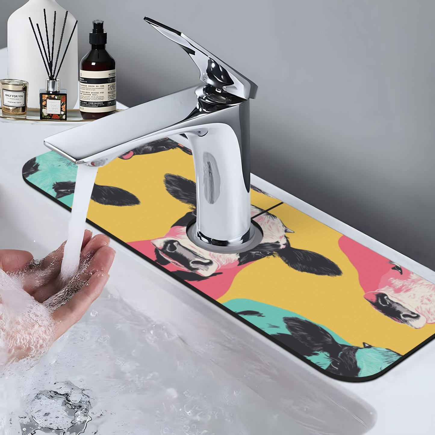 Colorful Cow Printed Faucet Absorbent Mat, Cuttable Anti - Slip & Waterproof Sink Mat (Size 15in×5.5in, Hole Diameter 2.5in )
