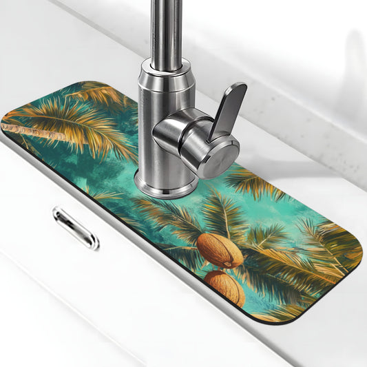 Tropical Coconut Grove Faucet Absorbent Mat, Cuttable Waterproof & Anti - Slip Sink Mat (15in×5.5in, Hole Diameter 2.5in)
