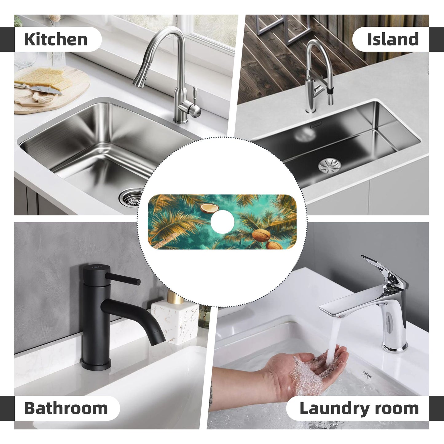 Tropical Coconut Grove Faucet Absorbent Mat, Cuttable Waterproof & Anti - Slip Sink Mat (15in×5.5in, Hole Diameter 2.5in)