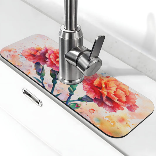 Watercolor Carnation Faucet Absorbent Mat, Cuttable Anti - Slip & Waterproof Sink Mat (Size 15in×5.5in, Hole Diameter 2.5in )