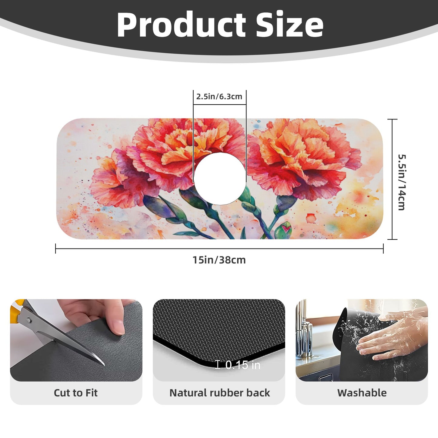 Watercolor Carnation Faucet Absorbent Mat, Cuttable Anti - Slip & Waterproof Sink Mat (Size 15in×5.5in, Hole Diameter 2.5in )