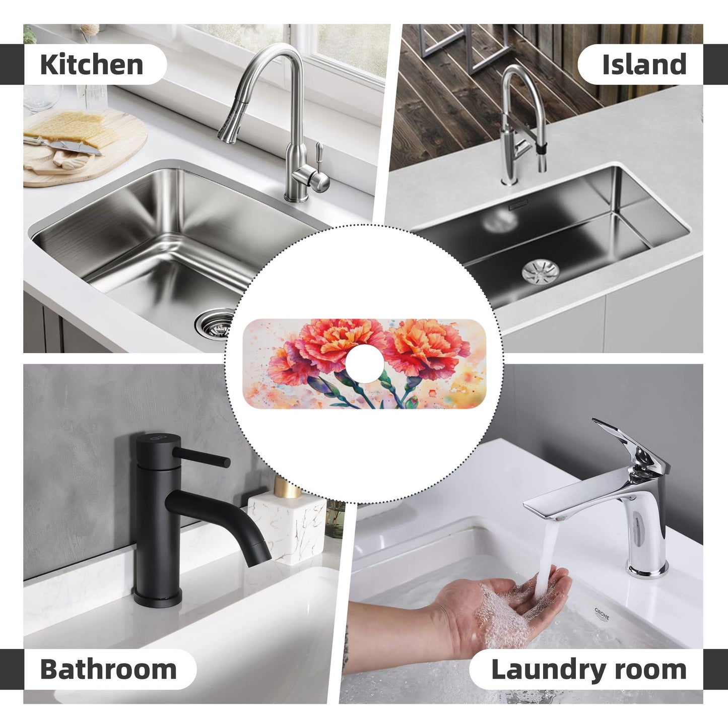 Watercolor Carnation Faucet Absorbent Mat, Cuttable Anti - Slip & Waterproof Sink Mat (Size 15in×5.5in, Hole Diameter 2.5in )