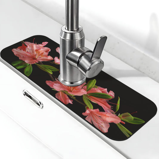 Pink Flowers & Green Leaves Faucet Absorbent Mat, Cuttable Waterproof & Anti - Slip Sink Protector (15in×5.5in, Hole Diameter 2.5in)