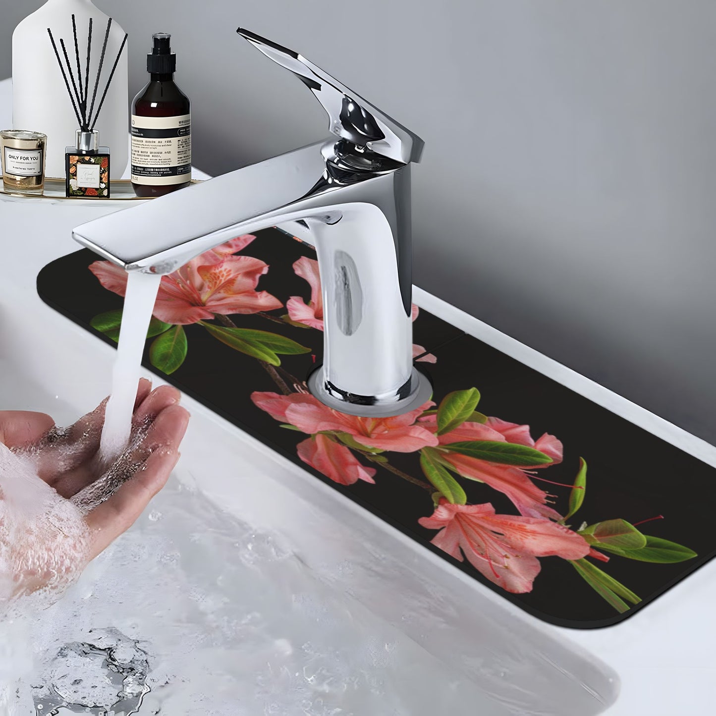 Pink Flowers & Green Leaves Faucet Absorbent Mat, Cuttable Waterproof & Anti - Slip Sink Protector (15in×5.5in, Hole Diameter 2.5in)