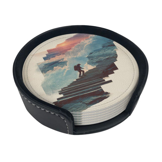 Artistic Landscape Round Leather Coaster Set - Creative Non - Slip Heat - Resistant Pads (With Storage Tray, Diameter 10cm)