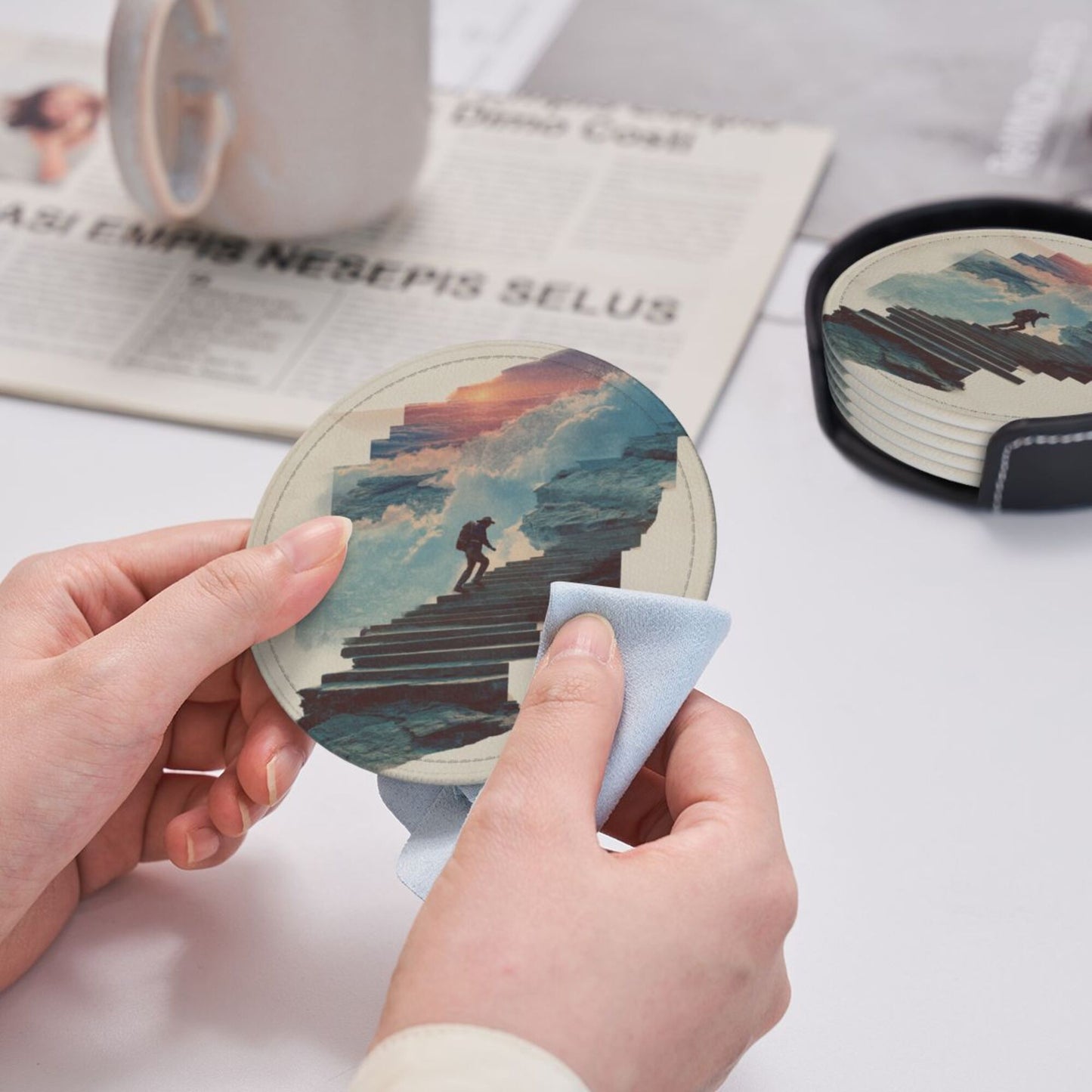 Artistic Landscape Round Leather Coaster Set - Creative Non - Slip Heat - Resistant Pads (With Storage Tray, Diameter 10cm)