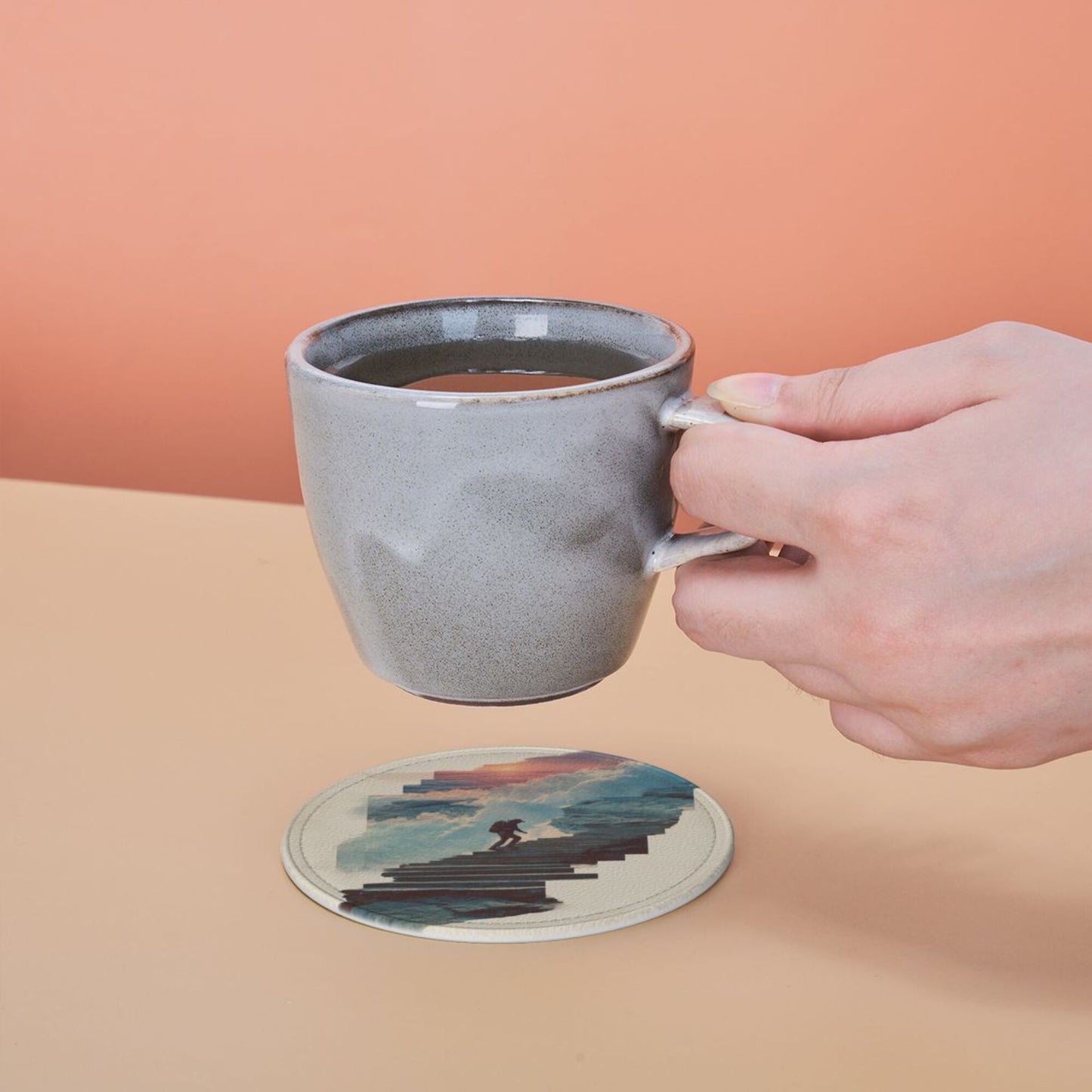 Artistic Landscape Round Leather Coaster Set - Creative Non - Slip Heat - Resistant Pads (With Storage Tray, Diameter 10cm)