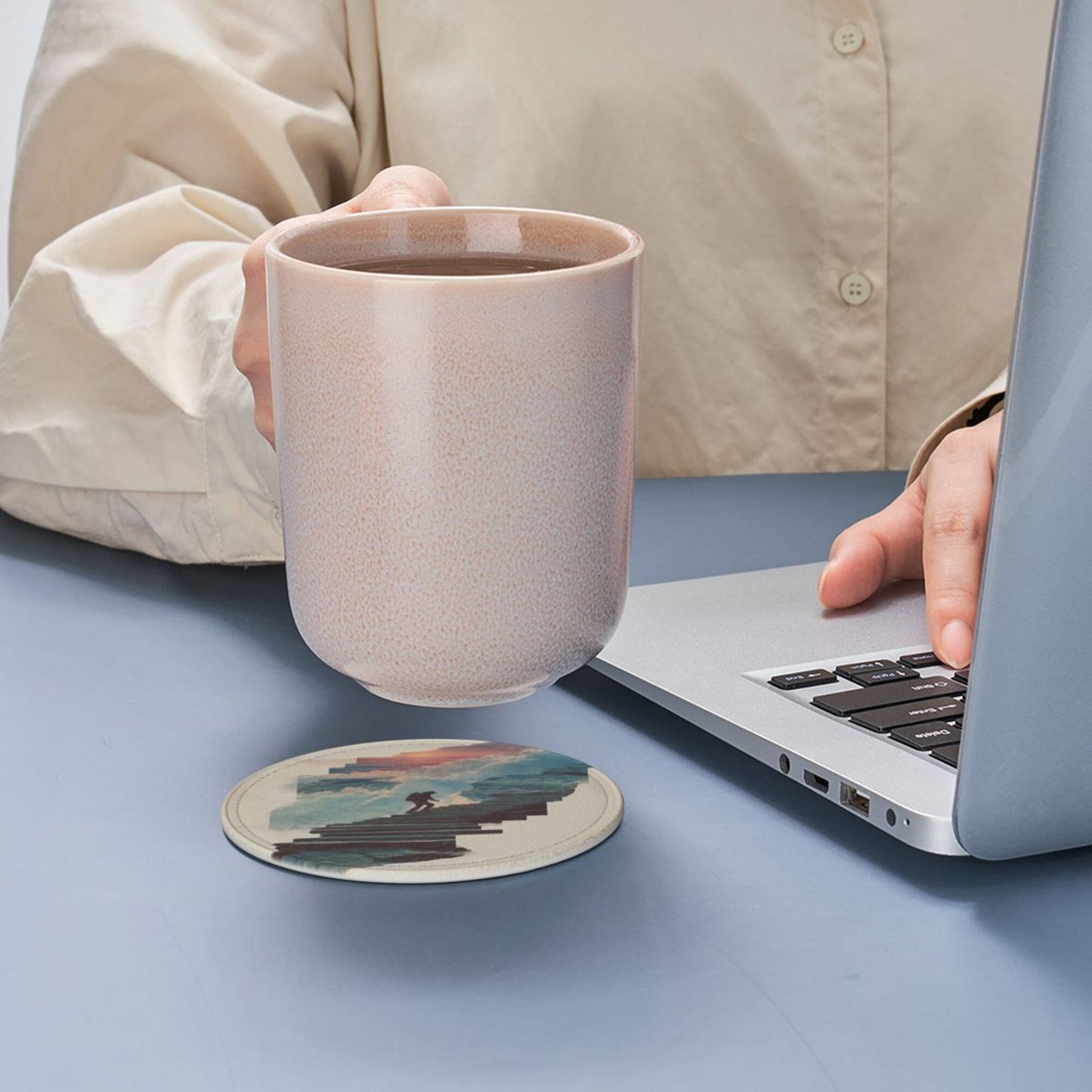 Artistic Landscape Round Leather Coaster Set - Creative Non - Slip Heat - Resistant Pads (With Storage Tray, Diameter 10cm)