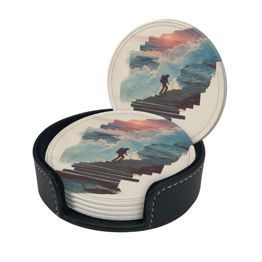 Artistic Landscape Round Leather Coaster Set - Creative Non - Slip Heat - Resistant Pads (With Storage Tray, Diameter 10cm)