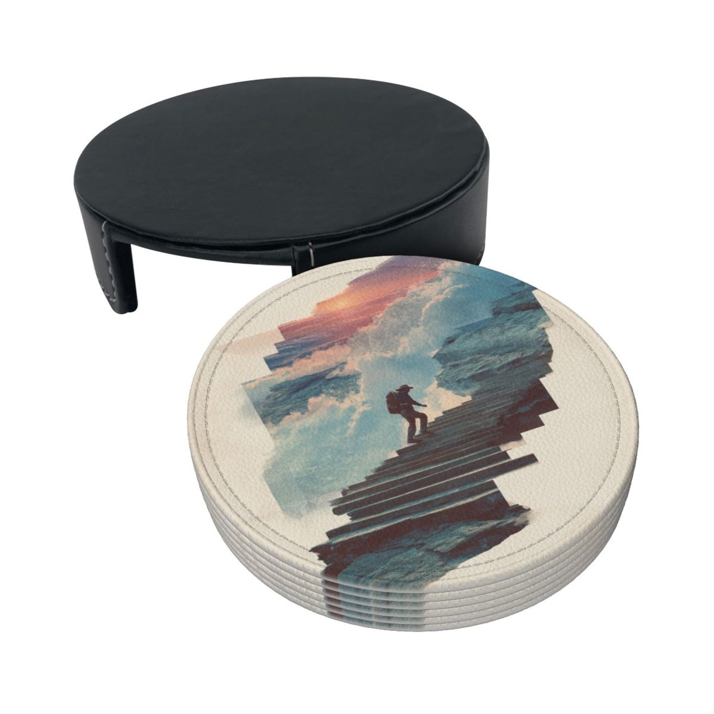 Artistic Landscape Round Leather Coaster Set - Creative Non - Slip Heat - Resistant Pads (With Storage Tray, Diameter 10cm)
