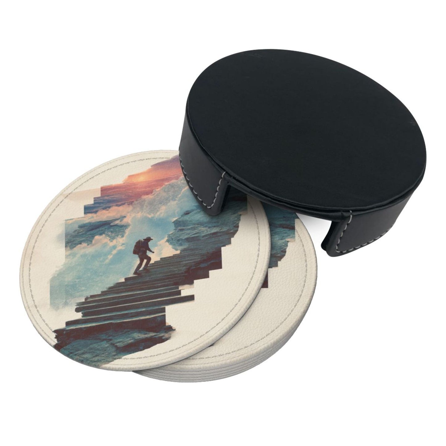 Artistic Landscape Round Leather Coaster Set - Creative Non - Slip Heat - Resistant Pads (With Storage Tray, Diameter 10cm)