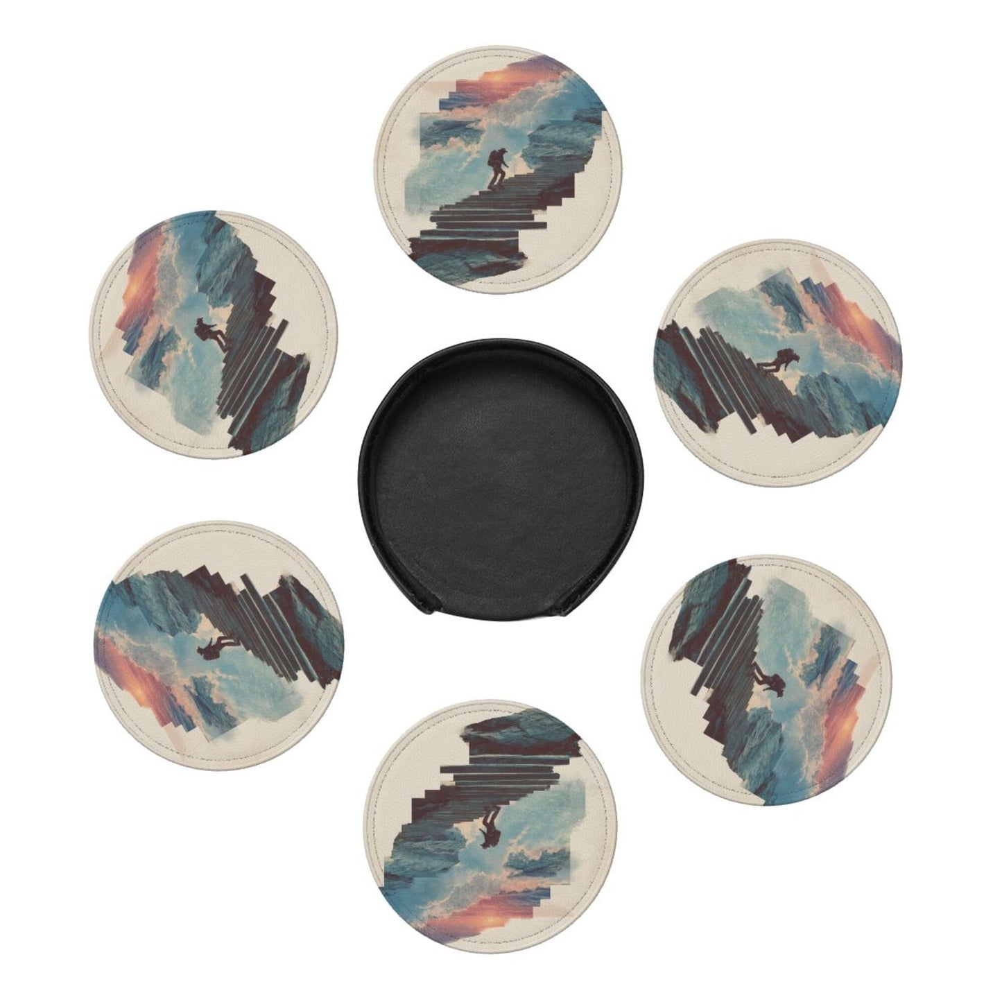 Artistic Landscape Round Leather Coaster Set - Creative Non - Slip Heat - Resistant Pads (With Storage Tray, Diameter 10cm)