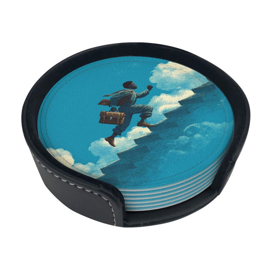 Cloud - Chasing Dream Round Leather Coaster Set - Creative Non - Slip Heat - Resistant Coasters (With Storage Tray, Diameter 10cm)