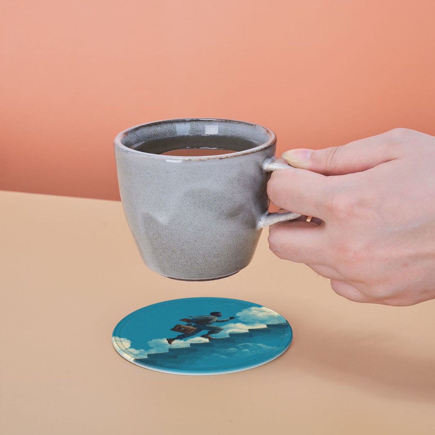 Cloud - Chasing Dream Round Leather Coaster Set - Creative Non - Slip Heat - Resistant Coasters (With Storage Tray, Diameter 10cm)