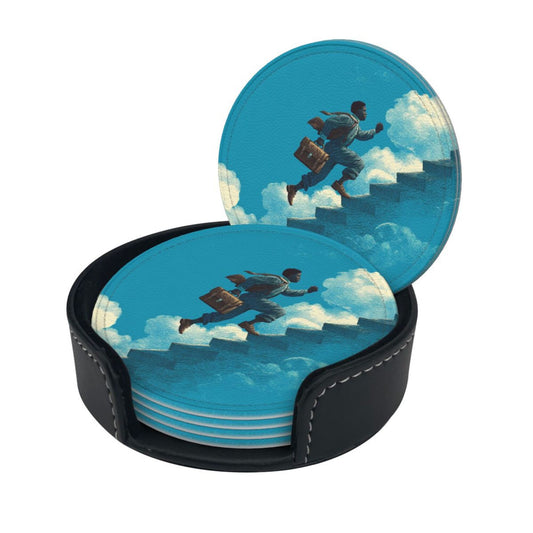 Cloud - Chasing Dream Round Leather Coaster Set - Creative Non - Slip Heat - Resistant Coasters (With Storage Tray, Diameter 10cm)