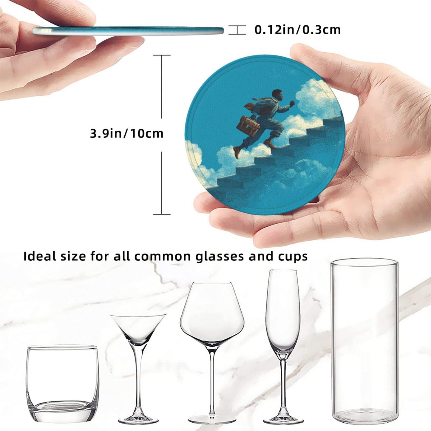 Cloud - Chasing Dream Round Leather Coaster Set - Creative Non - Slip Heat - Resistant Coasters (With Storage Tray, Diameter 10cm)