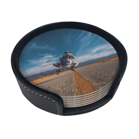 Free - Roaming Road Round Leather Coaster Set - Creative Non - Slip Heat - Resistant Coasters (With Storage Tray, Diameter 10cm)