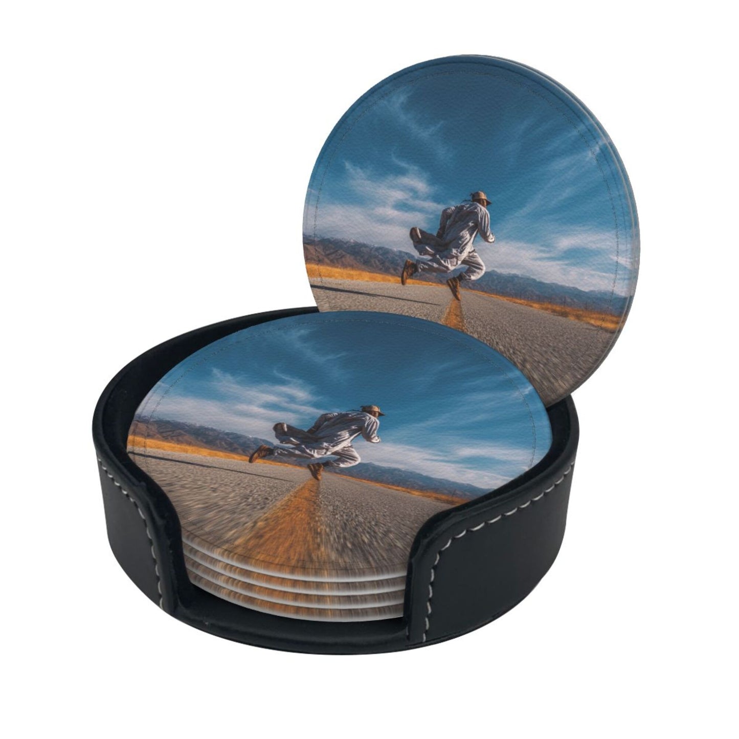 Free - Roaming Road Round Leather Coaster Set - Creative Non - Slip Heat - Resistant Coasters (With Storage Tray, Diameter 10cm)