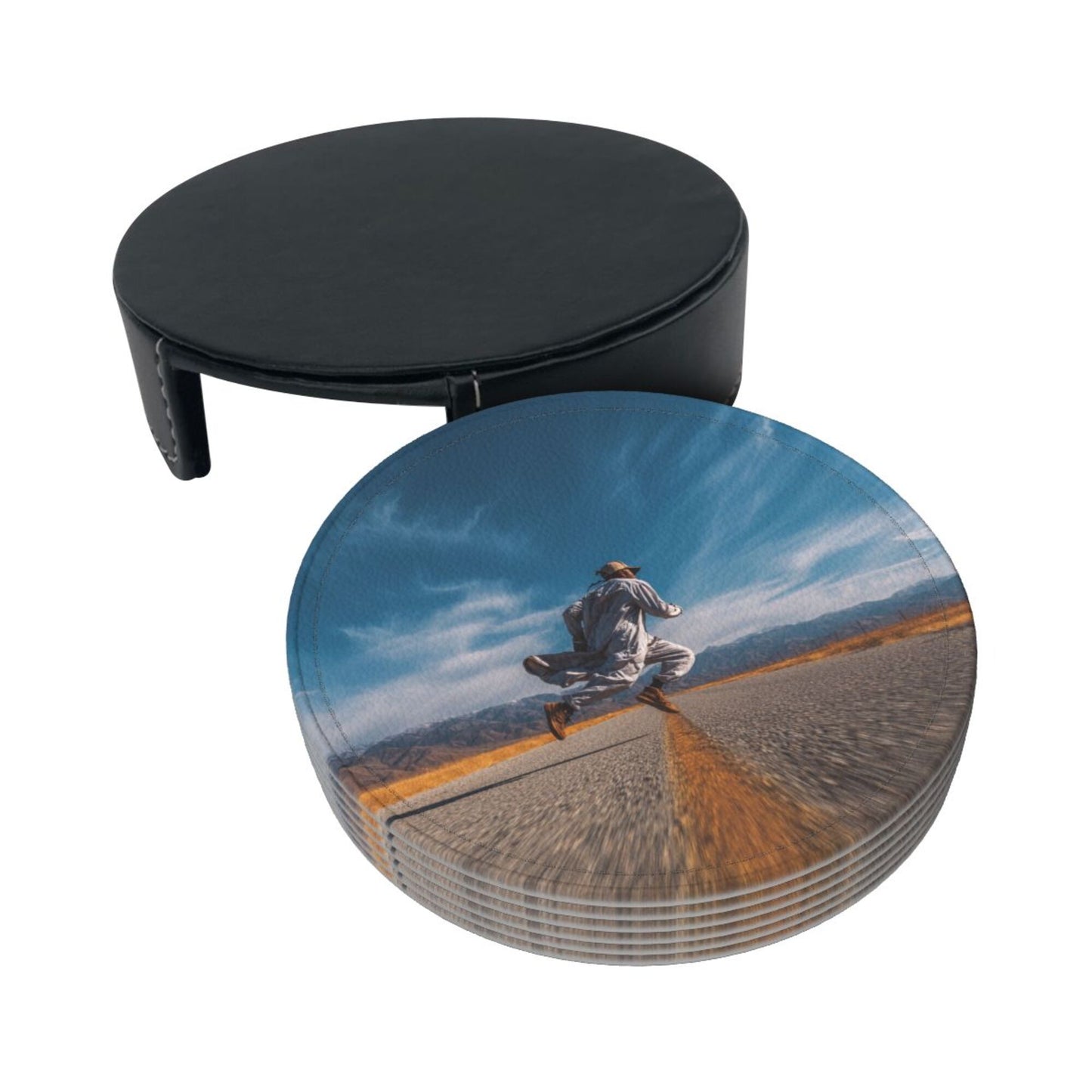 Free - Roaming Road Round Leather Coaster Set - Creative Non - Slip Heat - Resistant Coasters (With Storage Tray, Diameter 10cm)