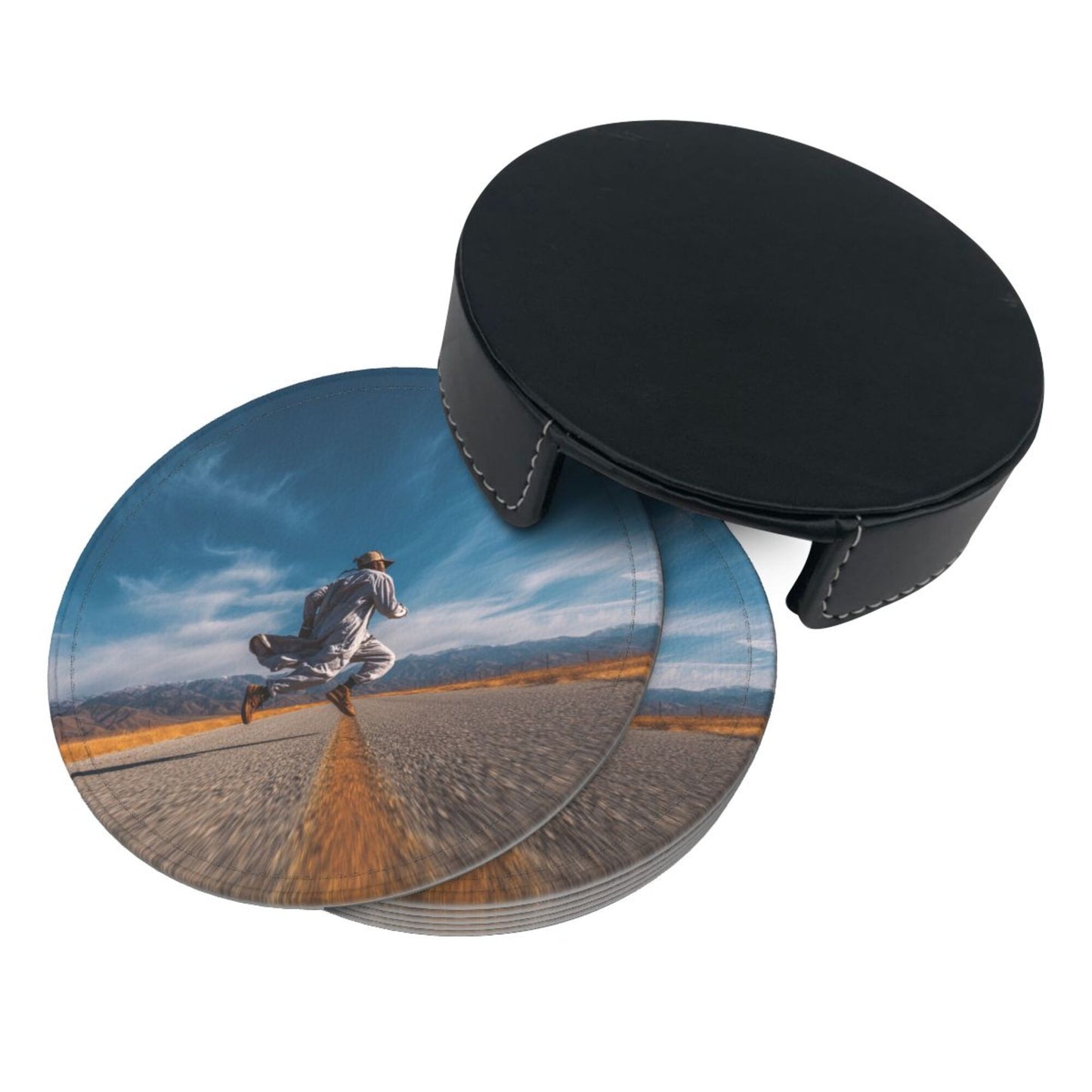 Free - Roaming Road Round Leather Coaster Set - Creative Non - Slip Heat - Resistant Coasters (With Storage Tray, Diameter 10cm)