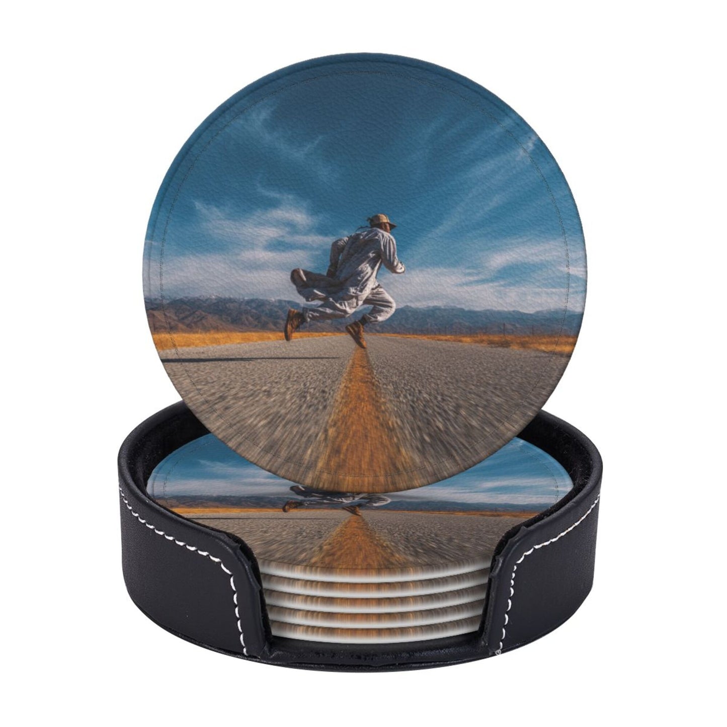 Free - Roaming Road Round Leather Coaster Set - Creative Non - Slip Heat - Resistant Coasters (With Storage Tray, Diameter 10cm)
