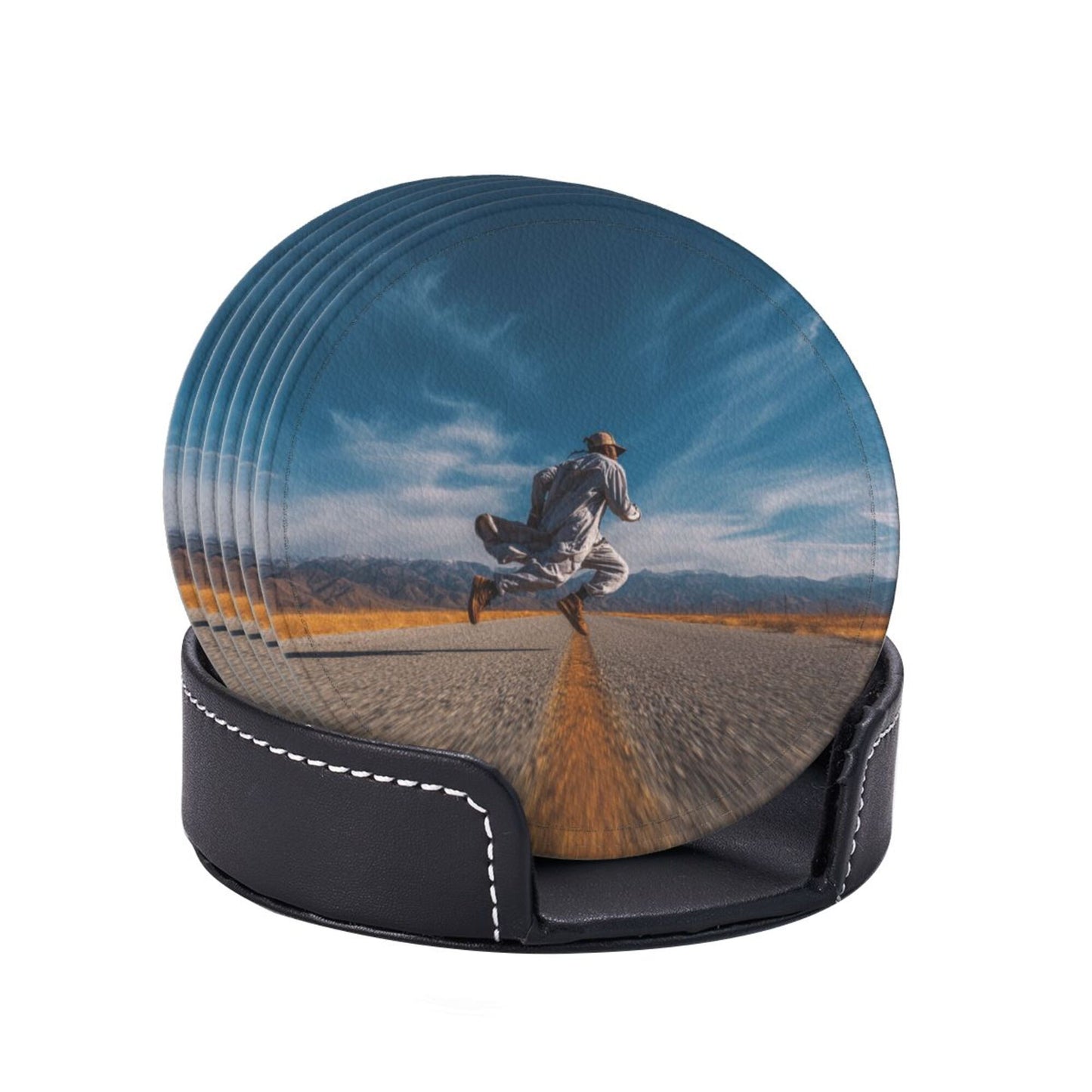 Free - Roaming Road Round Leather Coaster Set - Creative Non - Slip Heat - Resistant Coasters (With Storage Tray, Diameter 10cm)