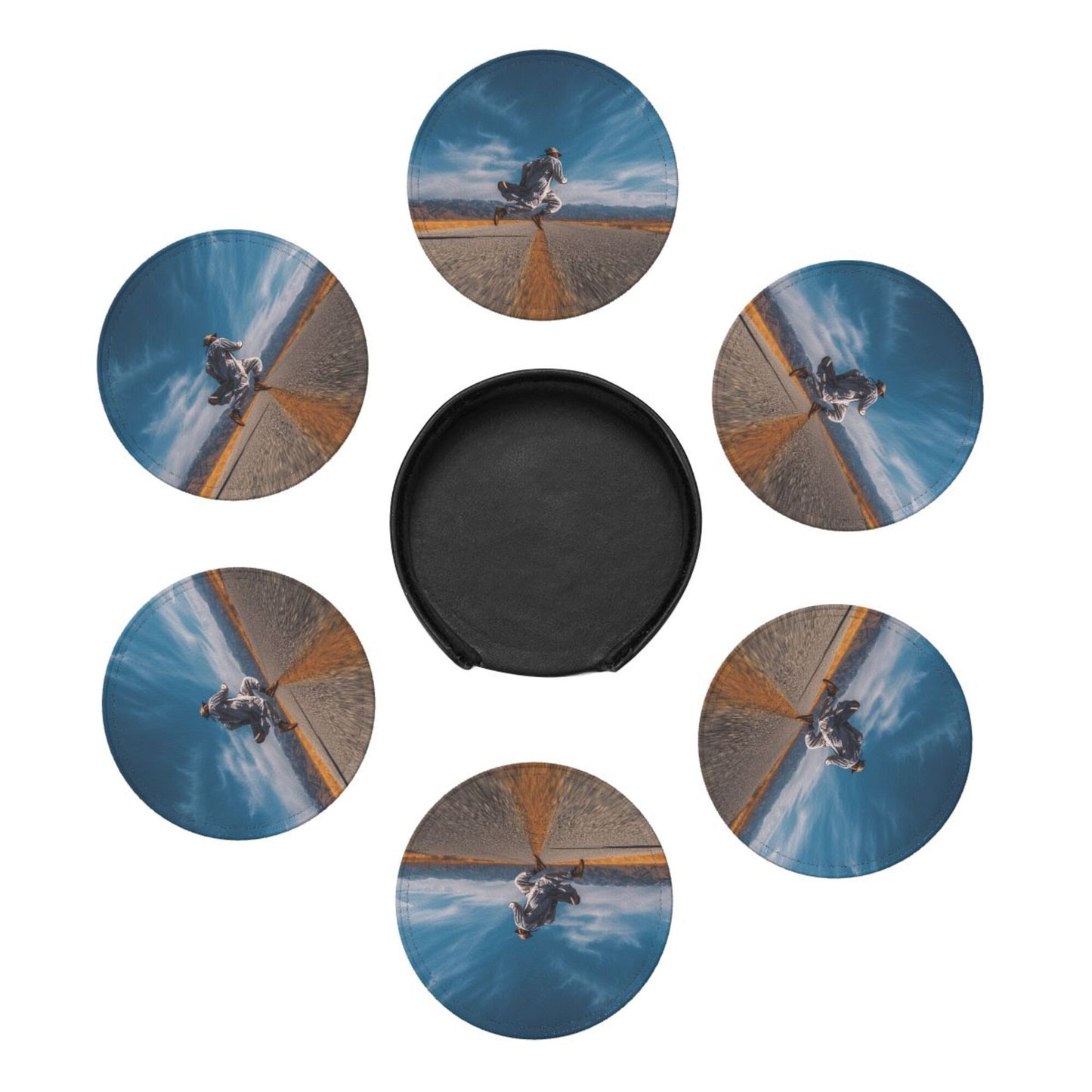 Free - Roaming Road Round Leather Coaster Set - Creative Non - Slip Heat - Resistant Coasters (With Storage Tray, Diameter 10cm)