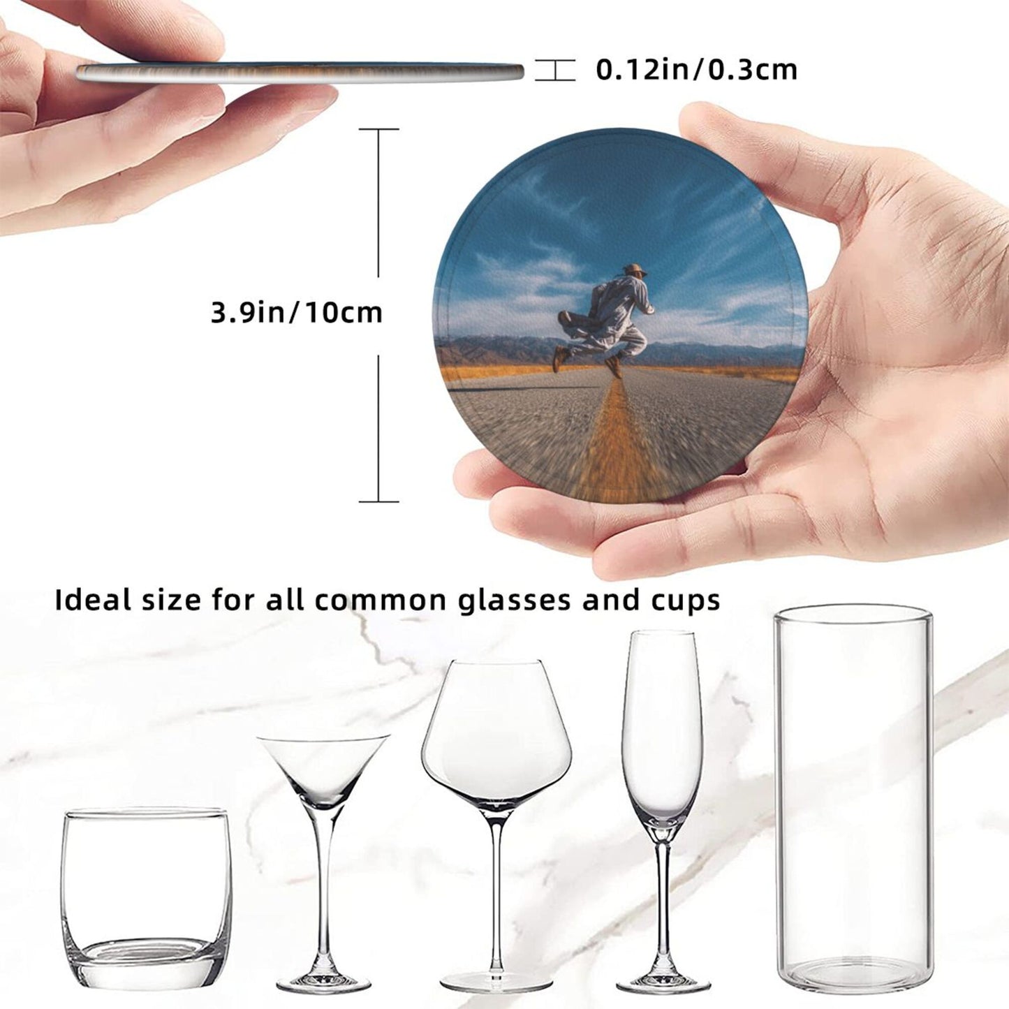 Free - Roaming Road Round Leather Coaster Set - Creative Non - Slip Heat - Resistant Coasters (With Storage Tray, Diameter 10cm)
