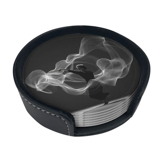 Artistic Smoke Dancer Round Leather Coaster Set - Creative Non - Slip Heat - Resistant Coasters (With Storage Tray, Diameter 10cm)