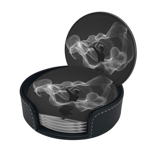 Artistic Smoke Dancer Round Leather Coaster Set - Creative Non - Slip Heat - Resistant Coasters (With Storage Tray, Diameter 10cm)