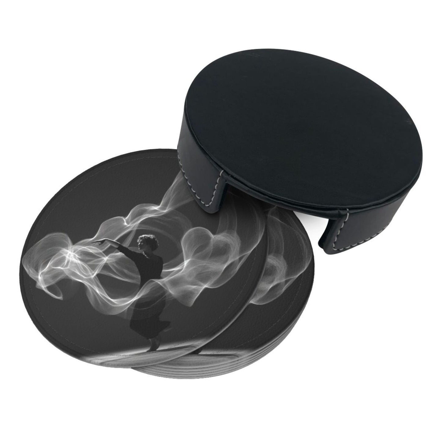 Artistic Smoke Dancer Round Leather Coaster Set - Creative Non - Slip Heat - Resistant Coasters (With Storage Tray, Diameter 10cm)