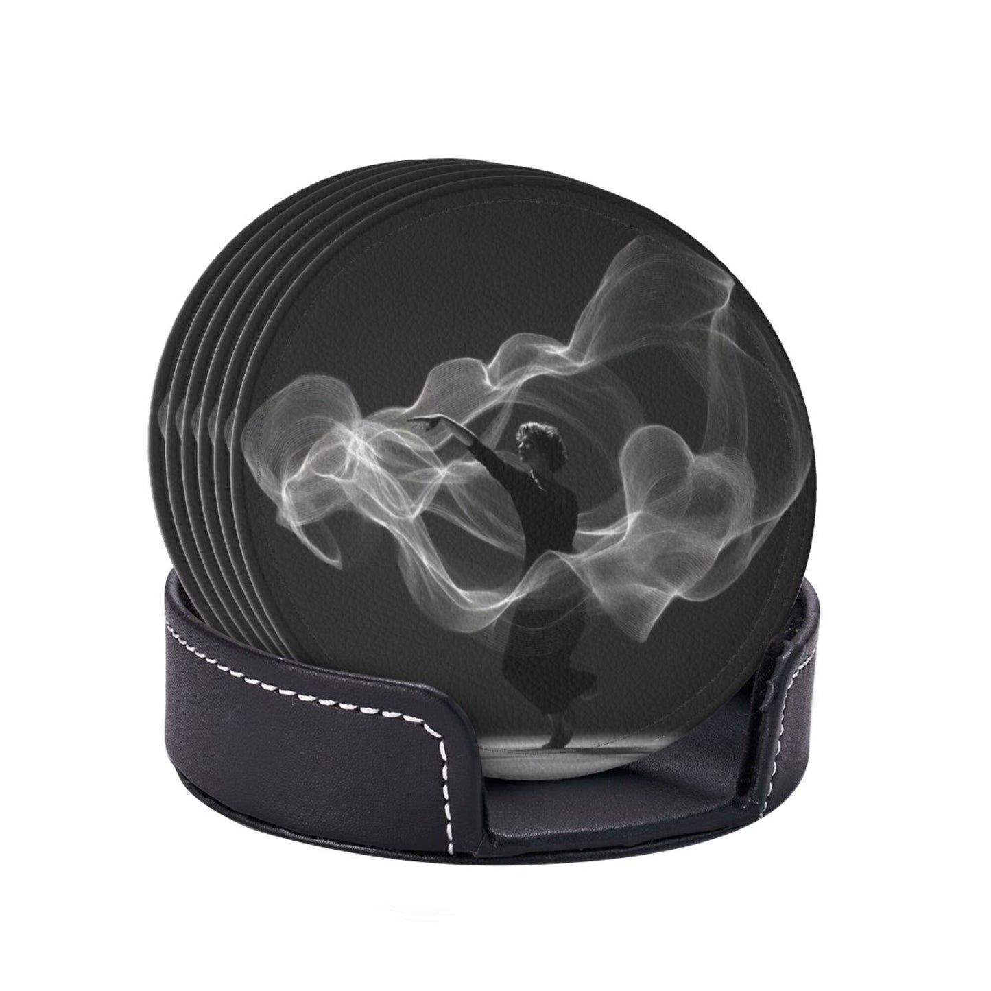 Artistic Smoke Dancer Round Leather Coaster Set - Creative Non - Slip Heat - Resistant Coasters (With Storage Tray, Diameter 10cm)