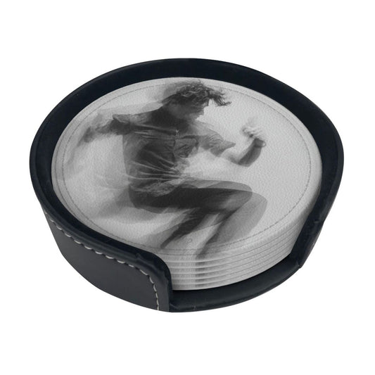 Dynamic Figure Silhouette Round Leather Coaster Set - Creative Non - Slip Heat - Resistant Coasters (With Storage Tray, Diameter 10cm)
