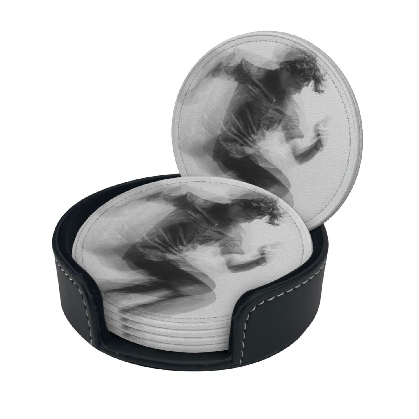 Dynamic Figure Silhouette Round Leather Coaster Set - Creative Non - Slip Heat - Resistant Coasters (With Storage Tray, Diameter 10cm)