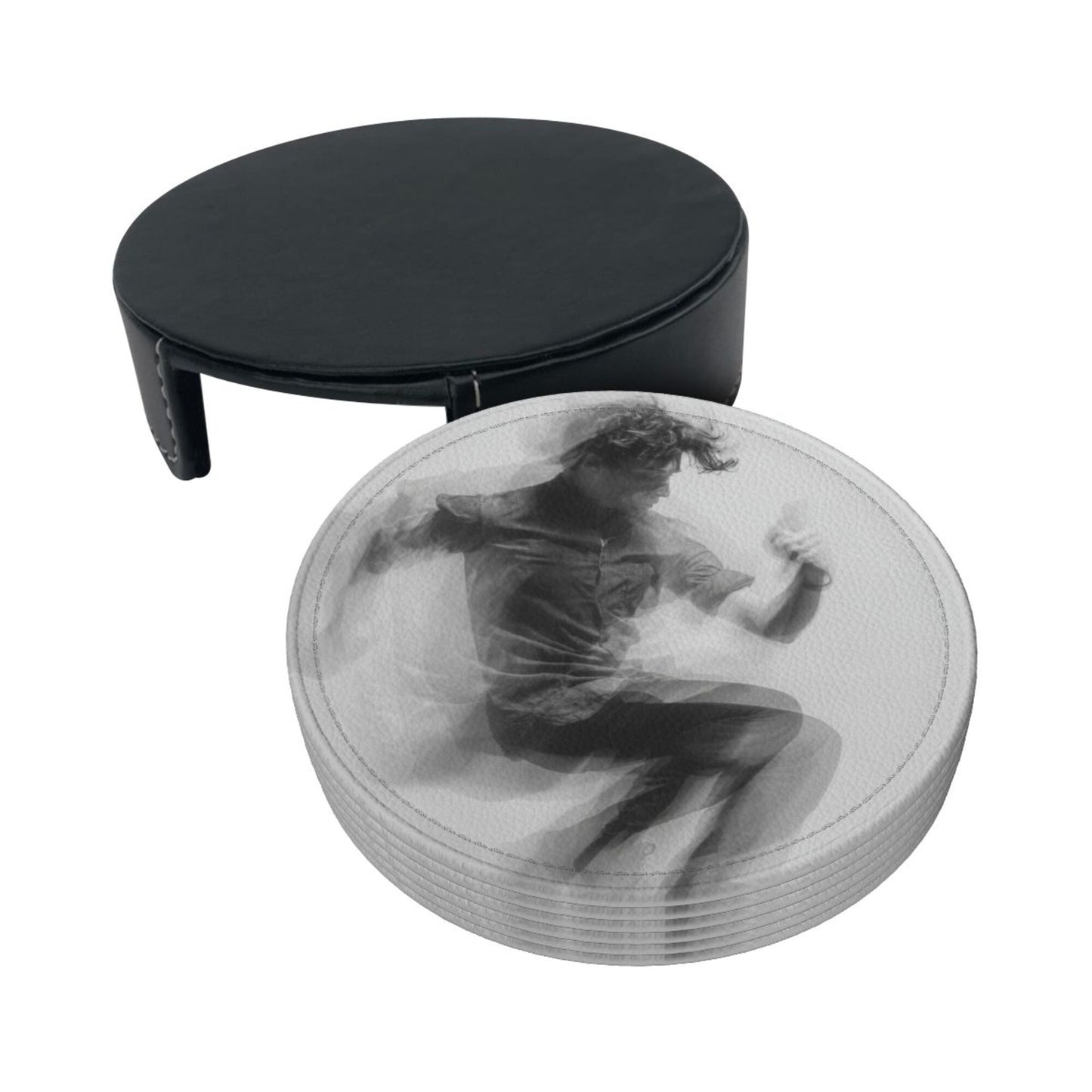 Dynamic Figure Silhouette Round Leather Coaster Set - Creative Non - Slip Heat - Resistant Coasters (With Storage Tray, Diameter 10cm)