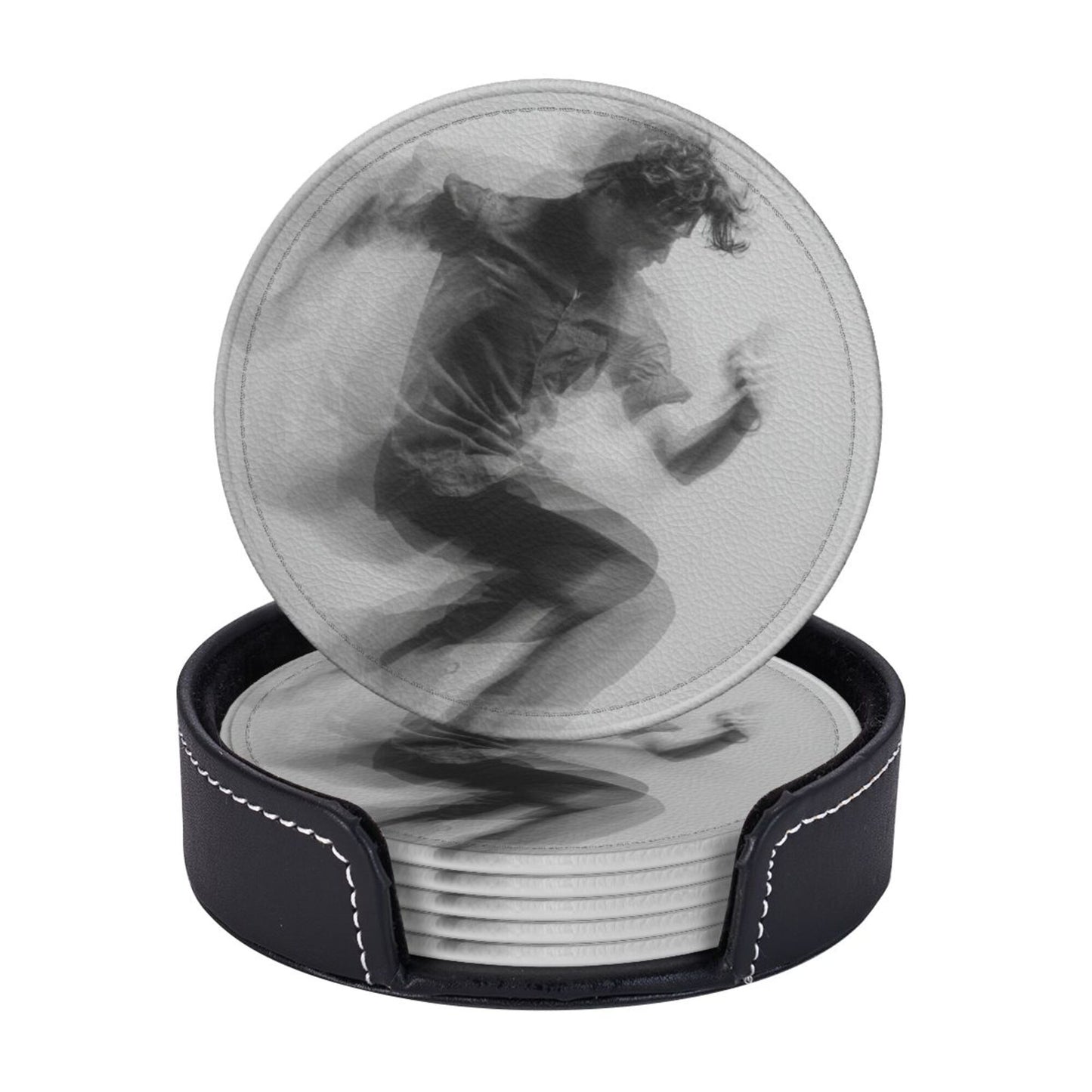 Dynamic Figure Silhouette Round Leather Coaster Set - Creative Non - Slip Heat - Resistant Coasters (With Storage Tray, Diameter 10cm)