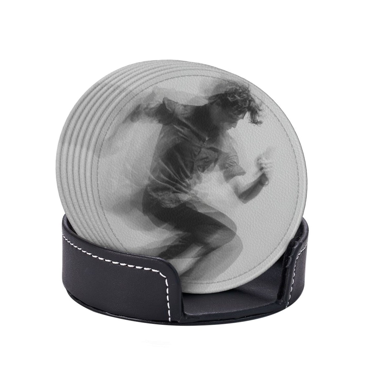 Dynamic Figure Silhouette Round Leather Coaster Set - Creative Non - Slip Heat - Resistant Coasters (With Storage Tray, Diameter 10cm)