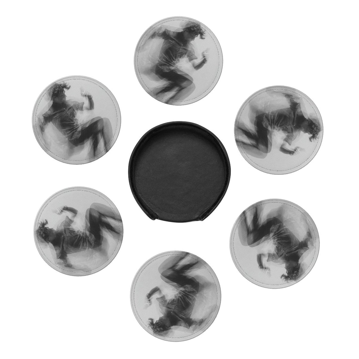 Dynamic Figure Silhouette Round Leather Coaster Set - Creative Non - Slip Heat - Resistant Coasters (With Storage Tray, Diameter 10cm)