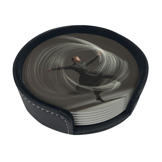 Artistic Dancer Round Leather Coaster Set - Creative Non - Slip Heat - Resistant Coasters (With Storage Tray, Diameter 10cm)