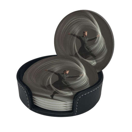 Artistic Dancer Round Leather Coaster Set - Creative Non - Slip Heat - Resistant Coasters (With Storage Tray, Diameter 10cm)