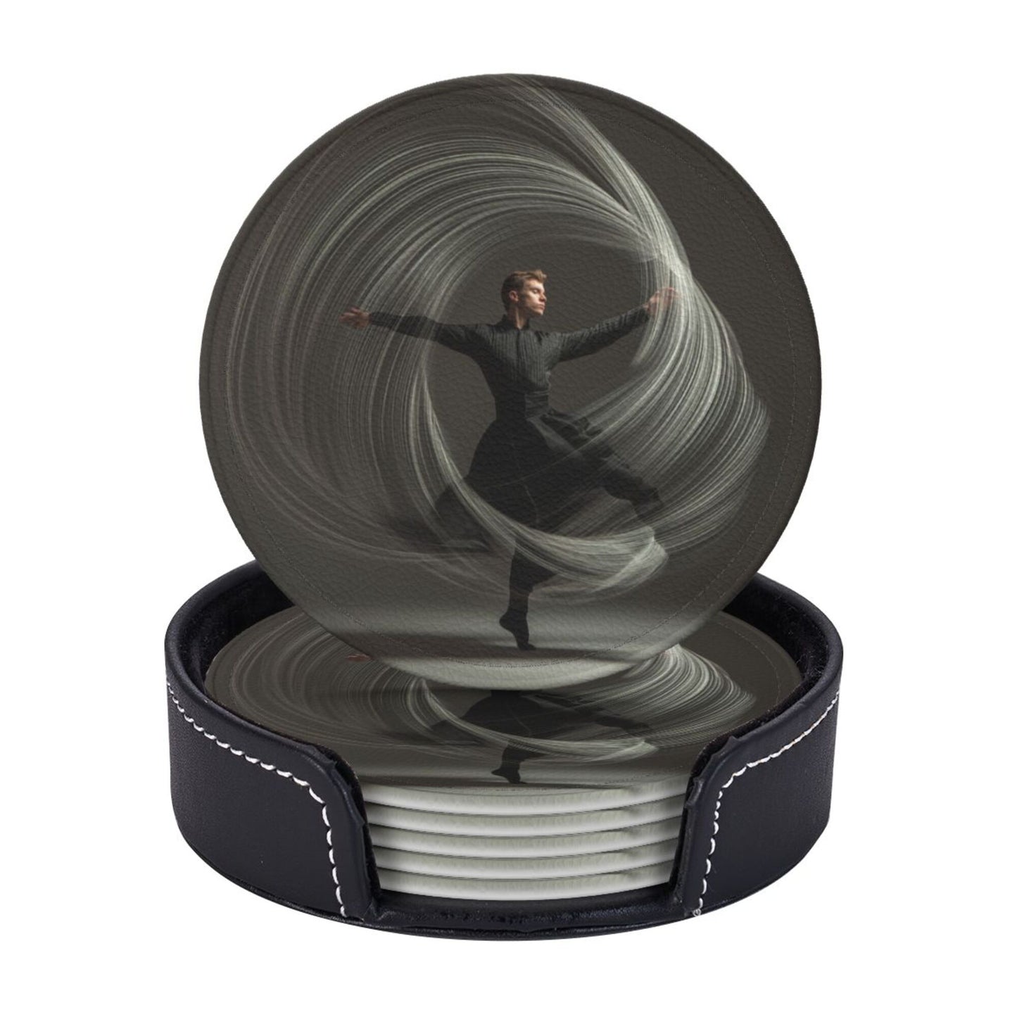 Artistic Dancer Round Leather Coaster Set - Creative Non - Slip Heat - Resistant Coasters (With Storage Tray, Diameter 10cm)