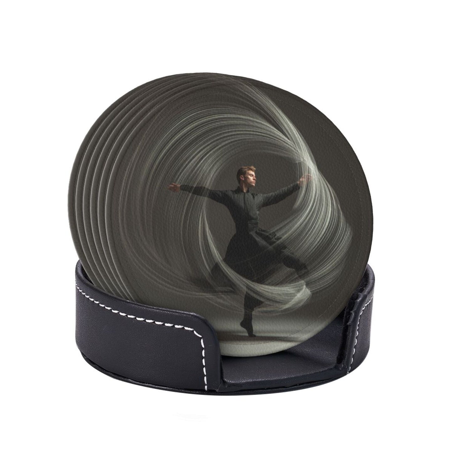 Artistic Dancer Round Leather Coaster Set - Creative Non - Slip Heat - Resistant Coasters (With Storage Tray, Diameter 10cm)