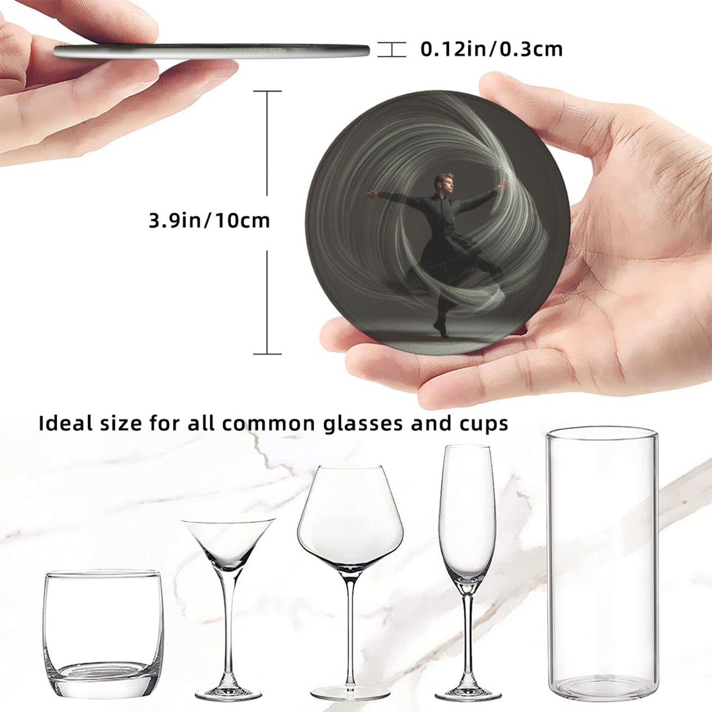 Artistic Dancer Round Leather Coaster Set - Creative Non - Slip Heat - Resistant Coasters (With Storage Tray, Diameter 10cm)